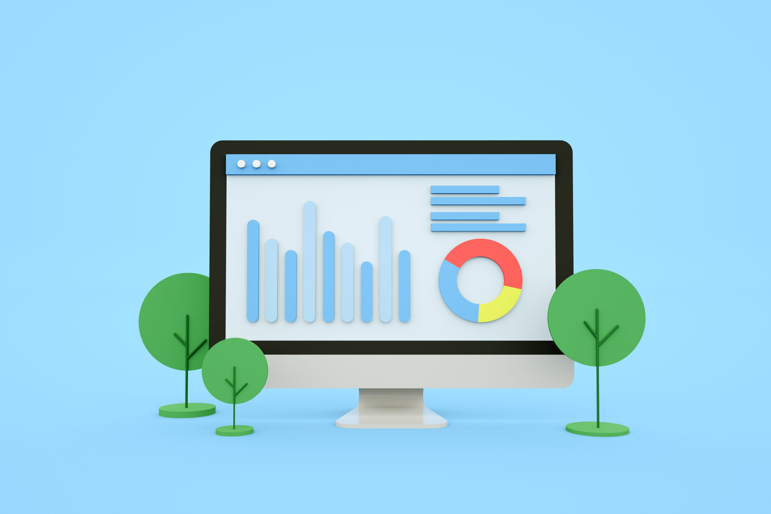 Computer Data analysis, Graph on computer screen, Digital analysis vector banner 3d rendering